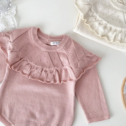 長袖ロンパース ベビーロンパース フリルショール襟ニット長袖ボディスーツ【mh0009122】