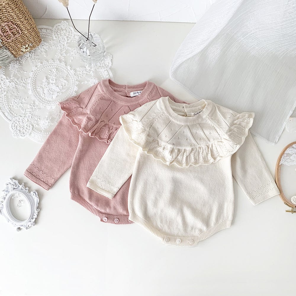 長袖ロンパース ベビーロンパース フリルショール襟ニット長袖ボディスーツ【mh0009122】