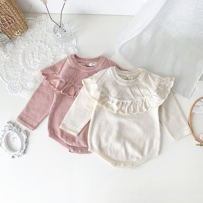 長袖ロンパース ベビーロンパース フリルショール襟ニット長袖ボディスーツ【mh0009122】