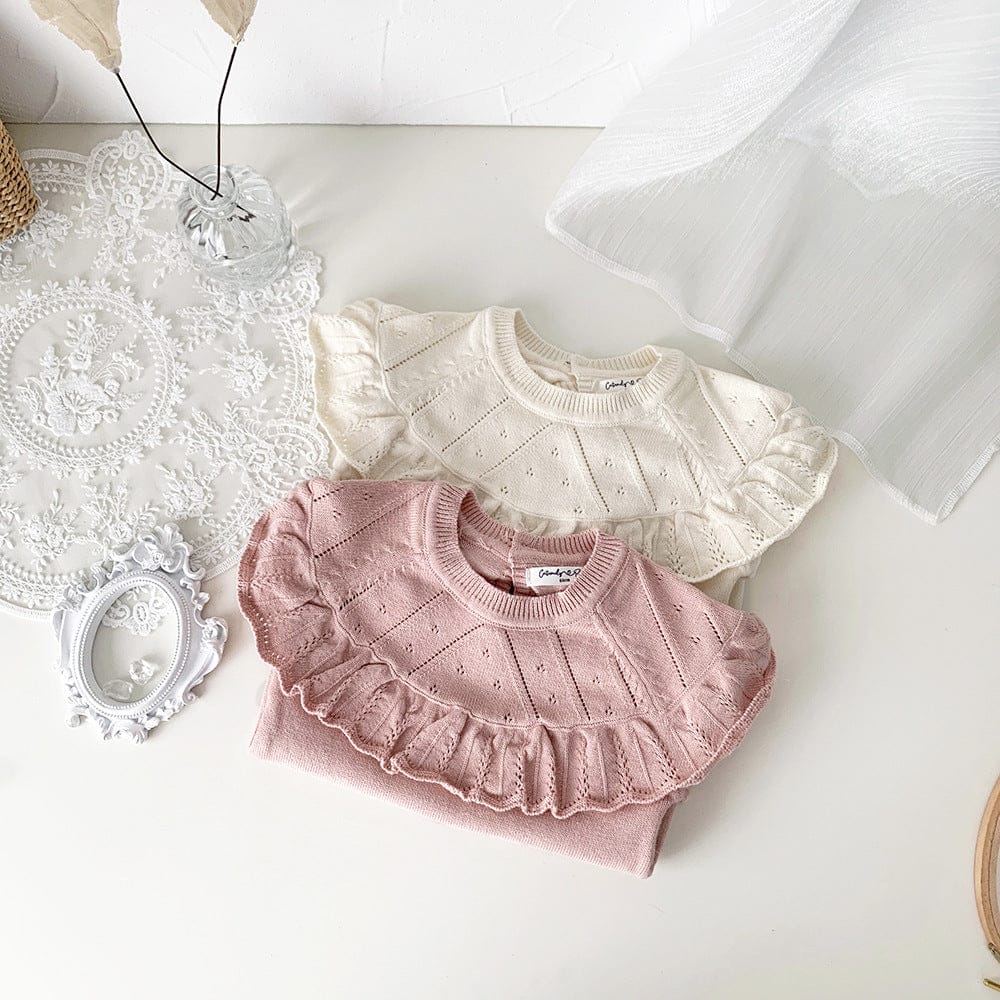 長袖ロンパース ベビーロンパース フリルショール襟ニット長袖ボディスーツ【mh0009122】