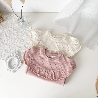 長袖ロンパース ベビーロンパース フリルショール襟ニット長袖ボディスーツ【mh0009122】