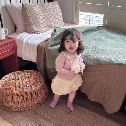 長袖セットアップ ベビーキッズカーディガン/パンツ レースニット長袖カーディガンジャケット/リボンショートバルーンパンツ【mh0009123】