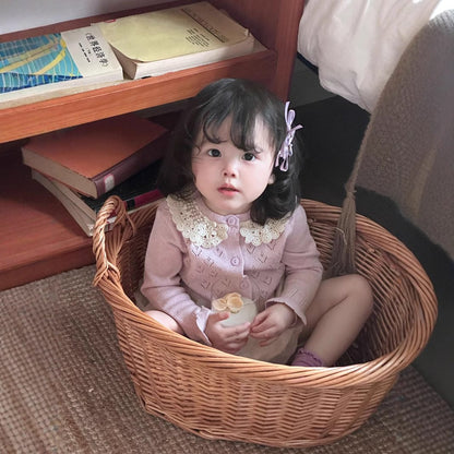 長袖セットアップ ベビーキッズカーディガン/パンツ レースニット長袖カーディガンジャケット/リボンショートバルーンパンツ【mh0009123】