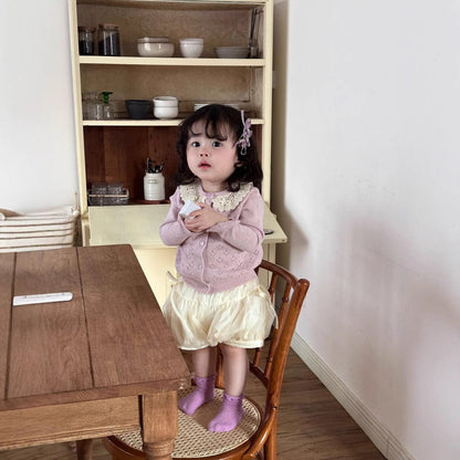 長袖セットアップ ベビーキッズカーディガン/パンツ レースニット長袖カーディガンジャケット/リボンショートバルーンパンツ【mh0009123】