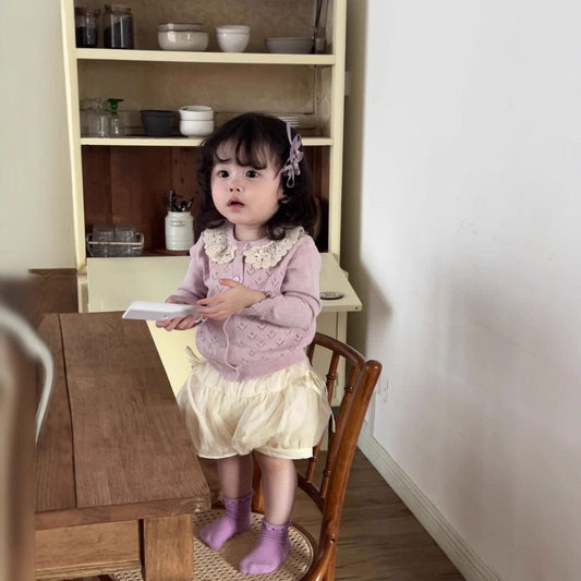 長袖セットアップ ベビーキッズカーディガン/パンツ レースニット長袖カーディガンジャケット/リボンショートバルーンパンツ【mh0009123】