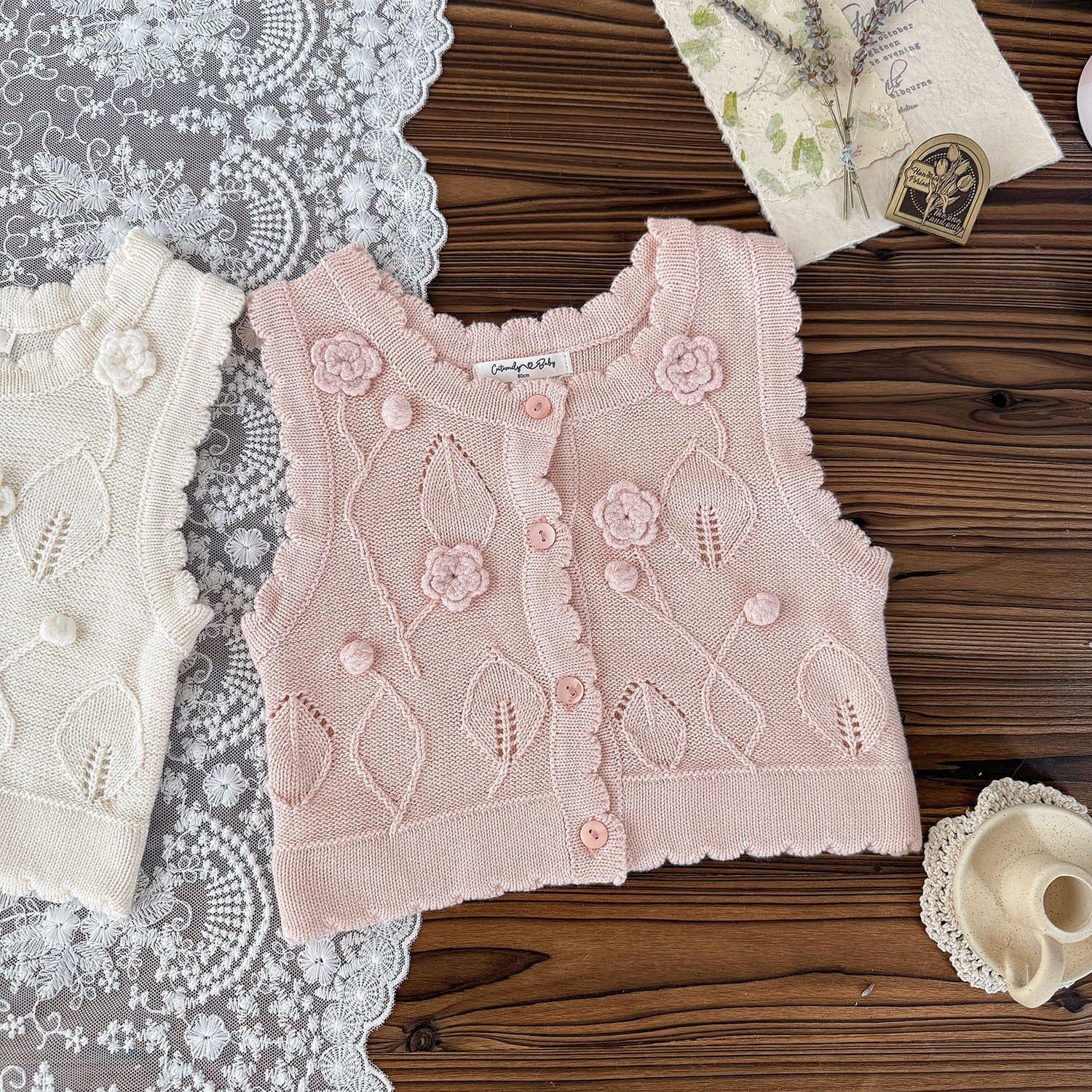 ベスト ベビーキッズベスト フラワークロシェ刺繍ニット前あきジレベスト【mh0009124】