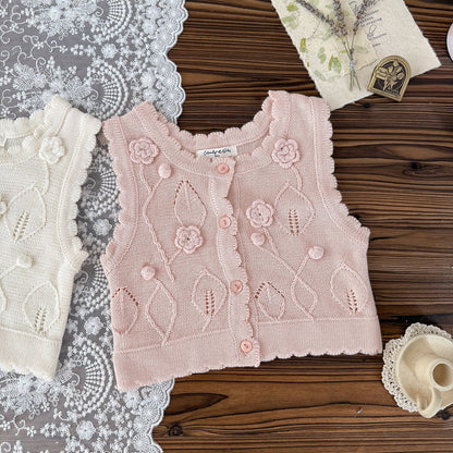 ベスト ベビーキッズベスト フラワークロシェ刺繍ニット前あきジレベスト【mh0009124】