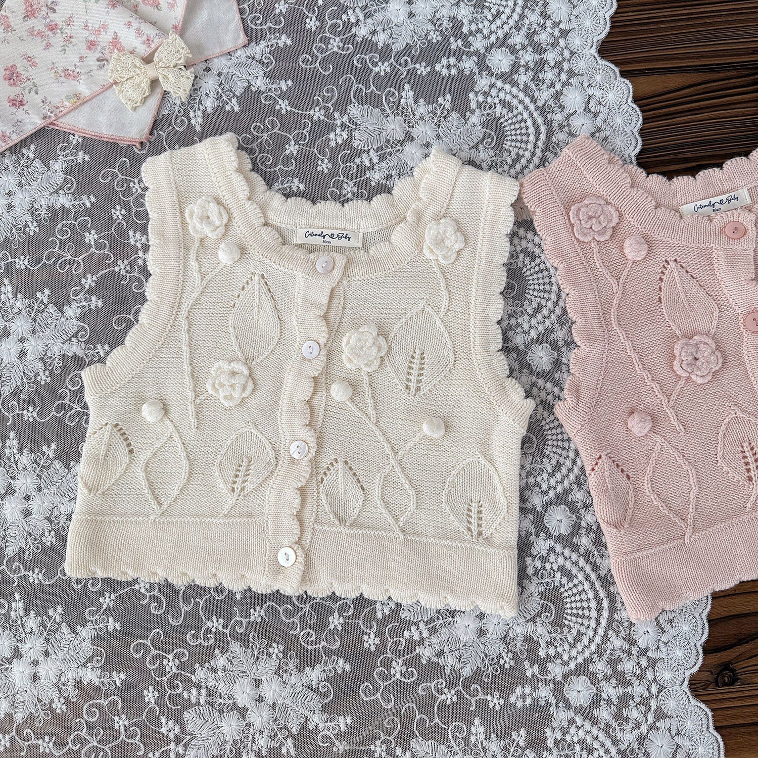ベスト ベビーキッズベスト フラワークロシェ刺繍ニット前あきジレベスト【mh0009124】