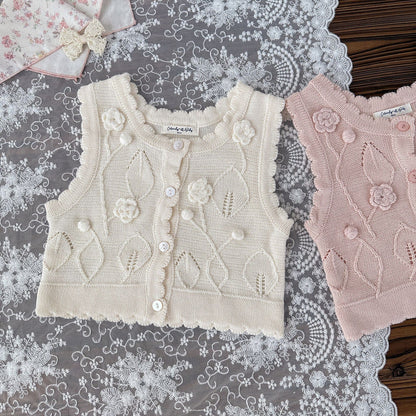 ベスト ベビーキッズベスト フラワークロシェ刺繍ニット前あきジレベスト【mh0009124】