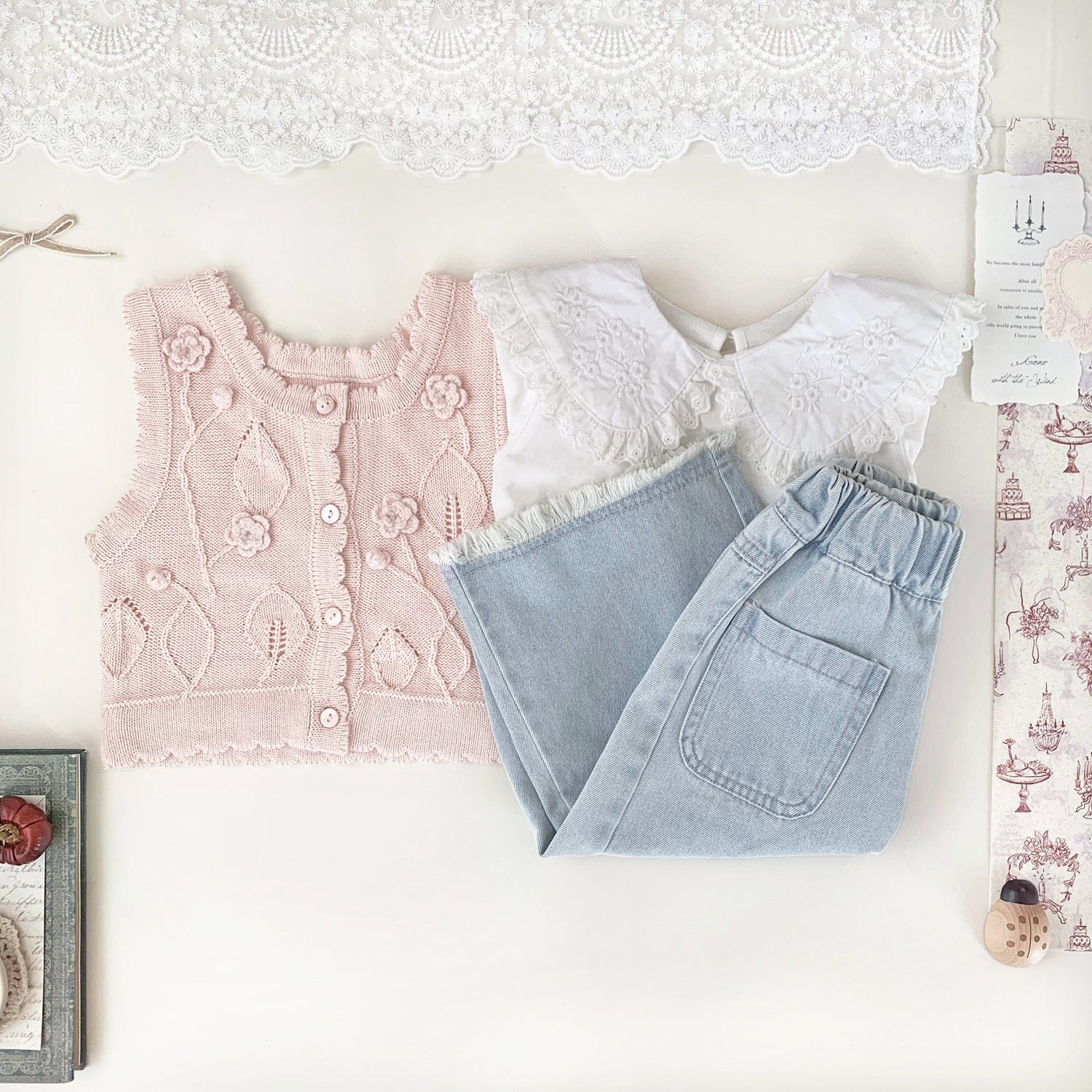 ベスト ベビーキッズベスト フラワークロシェ刺繍ニット前あきジレベスト【mh0009124】