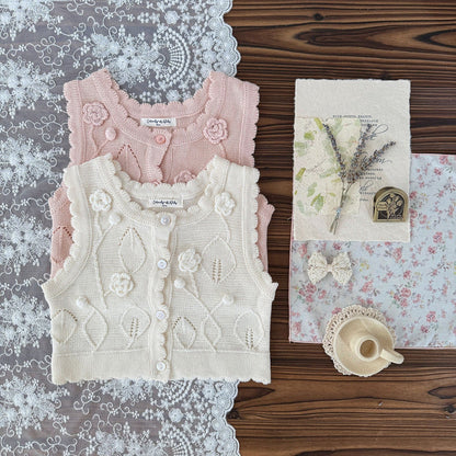 ベスト ベビーキッズベスト フラワークロシェ刺繍ニット前あきジレベスト【mh0009124】
