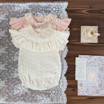 半袖ロンパース ラッフルフリルレースニット半袖ロンパース【mh0009556】