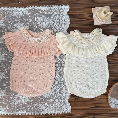 半袖ロンパース ラッフルフリルレースニット半袖ロンパース【mh0009556】