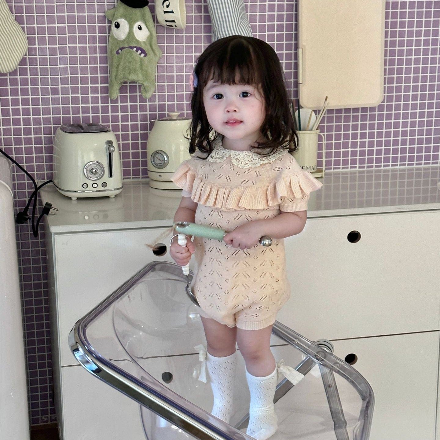 半袖ロンパース ラッフルフリルレースニット半袖ロンパース【mh0009556】