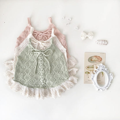 タンクトップ・キャミソール・ノースリーブトップス レースフリルニットキャミソールトップス【mh0009560】