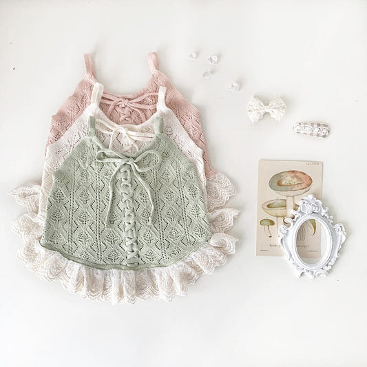 タンクトップ・キャミソール・ノースリーブトップス レースフリルニットキャミソールトップス【mh0009560】