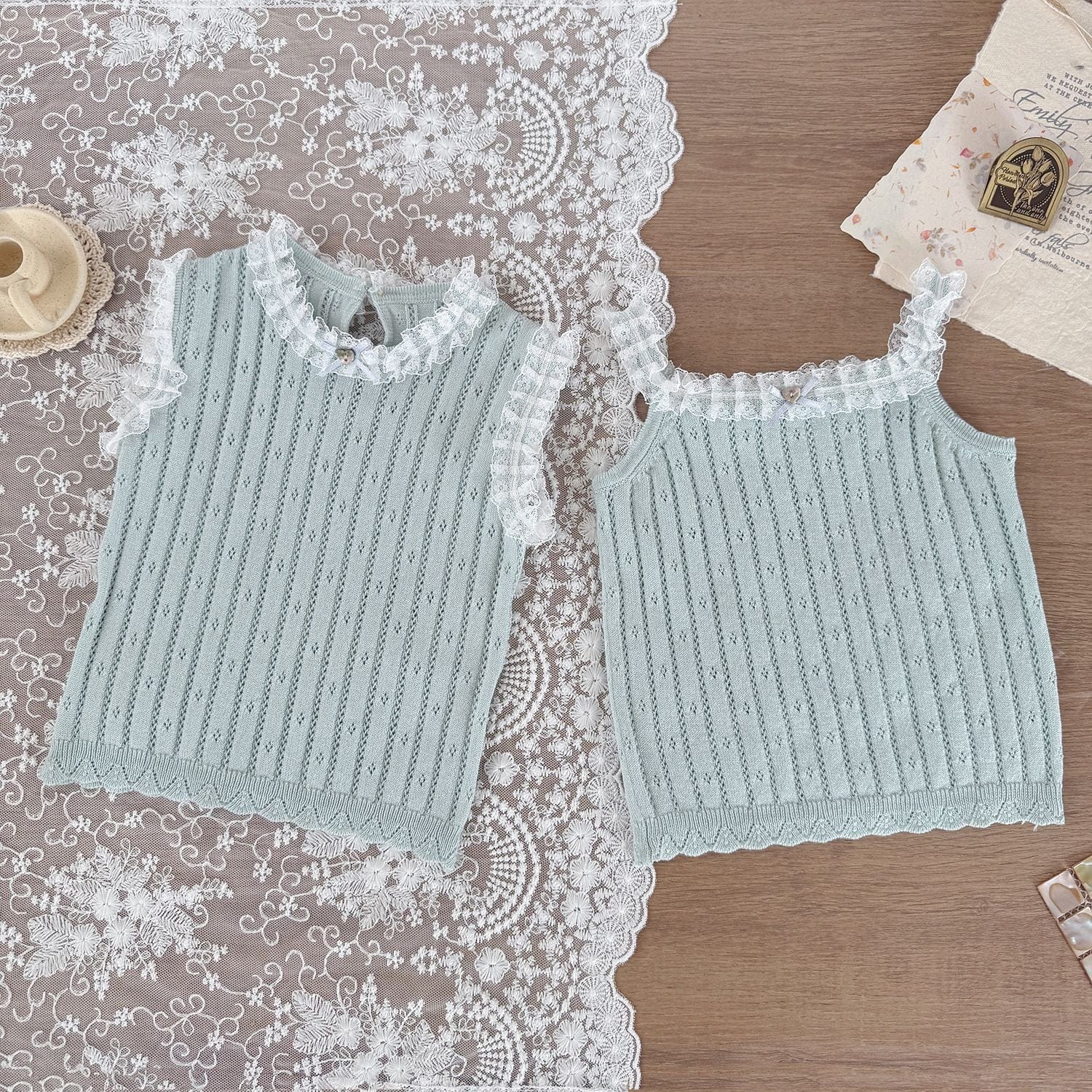 タンクトップ・キャミソール・ノースリーブトップス レースフリルニットキャミソール/ノースリーブトップス【mh0009567】