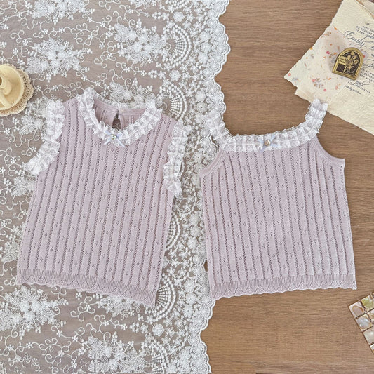 タンクトップ・キャミソール・ノースリーブトップス レースフリルニットキャミソール/ノースリーブトップス【mh0009567】