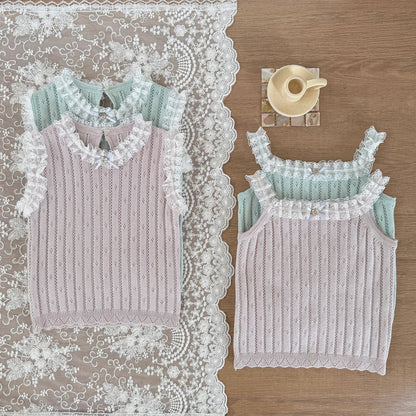 タンクトップ・キャミソール・ノースリーブトップス レースフリルニットキャミソール/ノースリーブトップス【mh0009567】