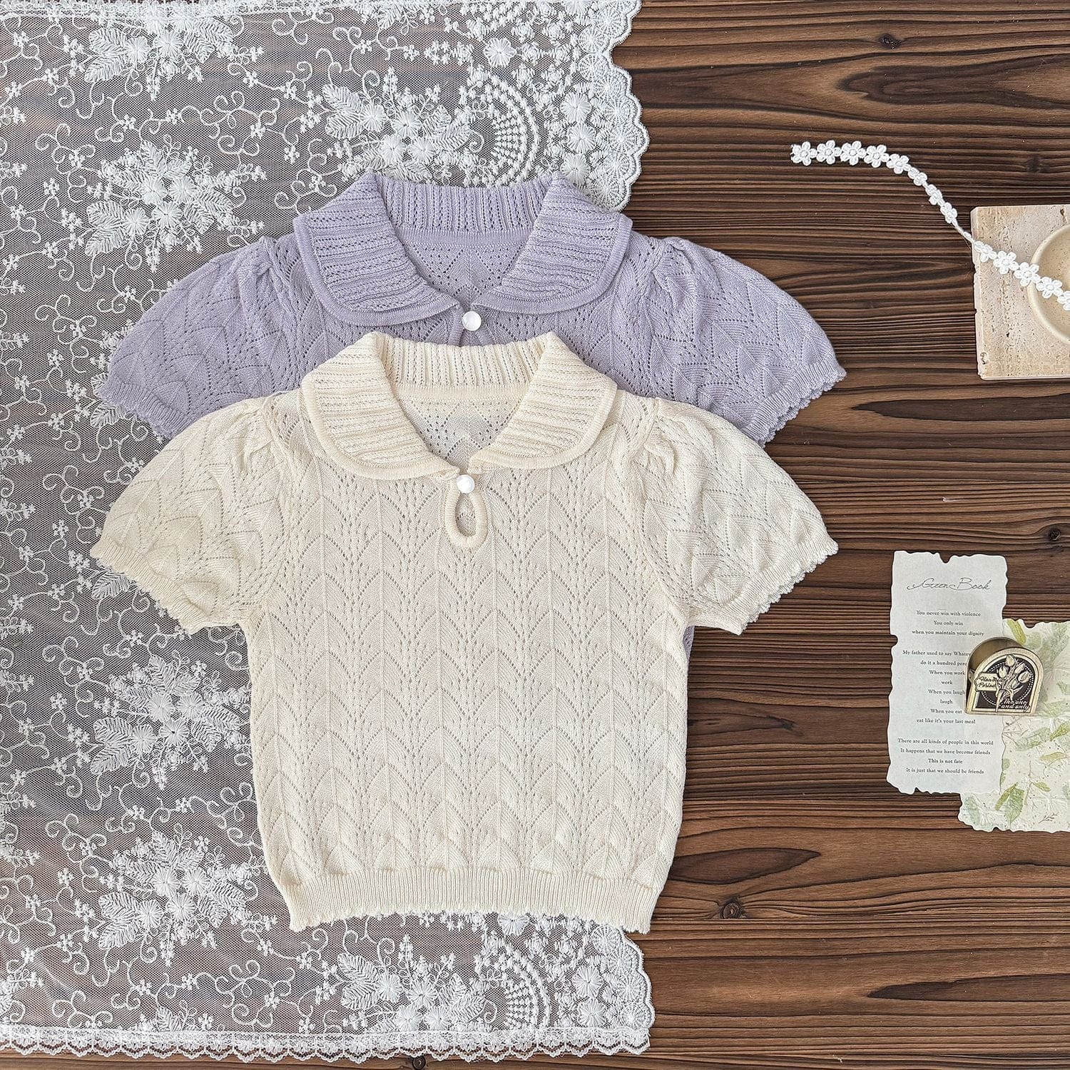 半袖シャツ・ブラウス レースニット半袖サマーセーター【mh0009570】