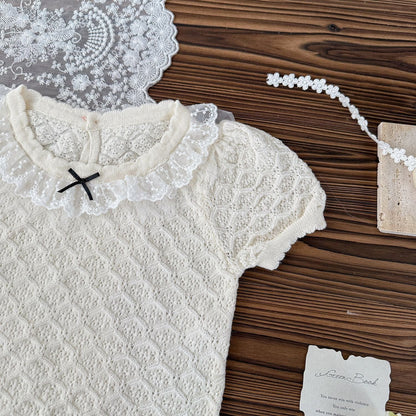 半袖シャツ・ブラウス リボンレース半袖ニットカットソー【mh0009573】