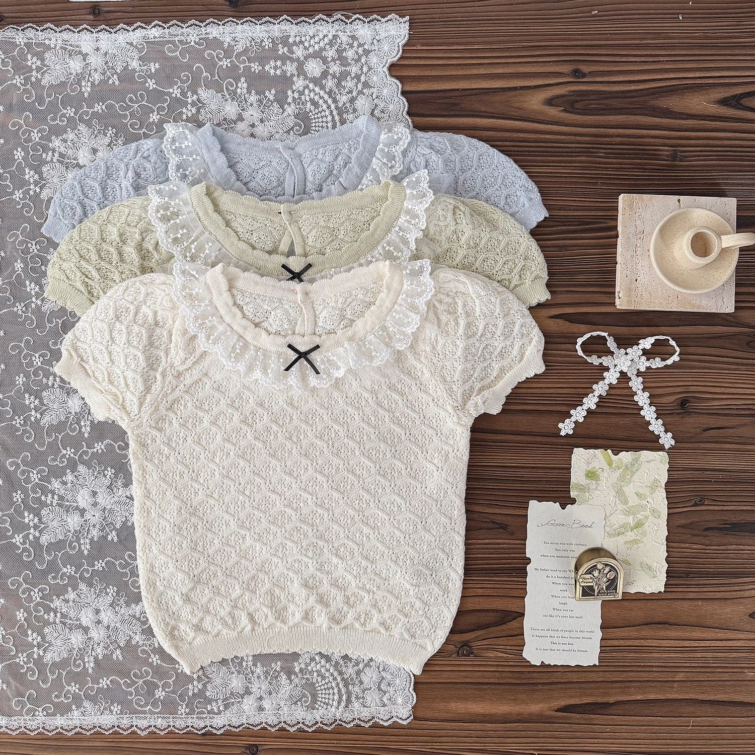 半袖シャツ・ブラウス リボンレース半袖ニットカットソー【mh0009573】