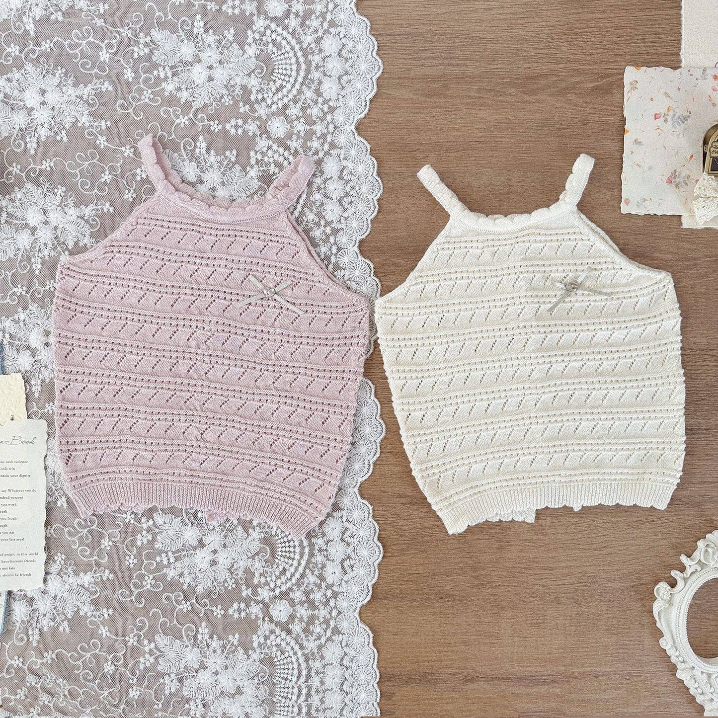 タンクトップ・キャミソール・ノースリーブトップス レースニットキャミソールタンクトップス【mh0009791】