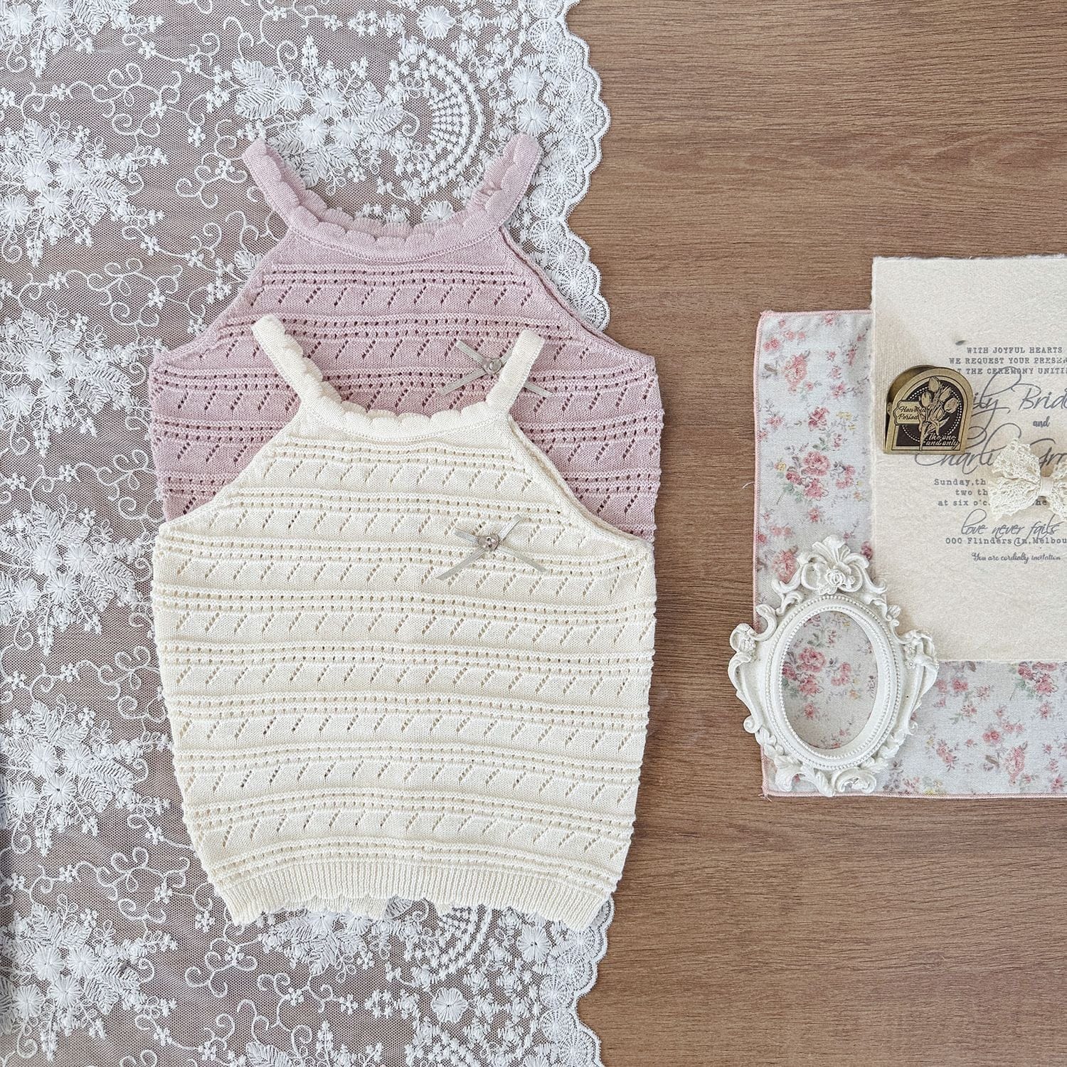 タンクトップ・キャミソール・ノースリーブトップス レースニットキャミソールタンクトップス【mh0009791】