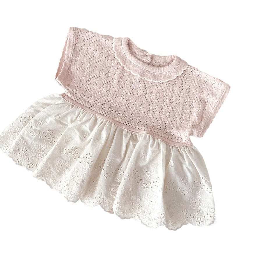 半袖シャツ・ブラウス ラッフル襟レース裾ドッキングレースニット半袖トップス【mh0009792】