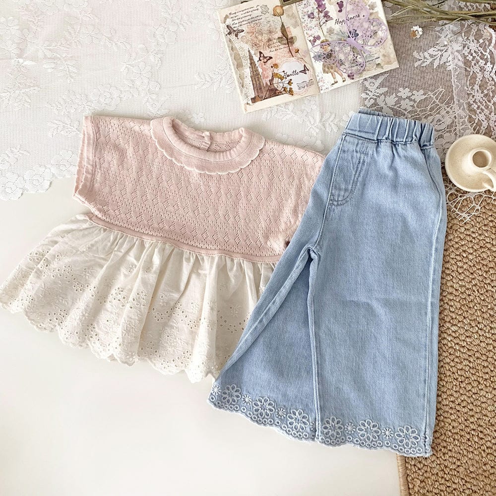 半袖シャツ・ブラウス ラッフル襟レース裾ドッキングレースニット半袖トップス【mh0009792】