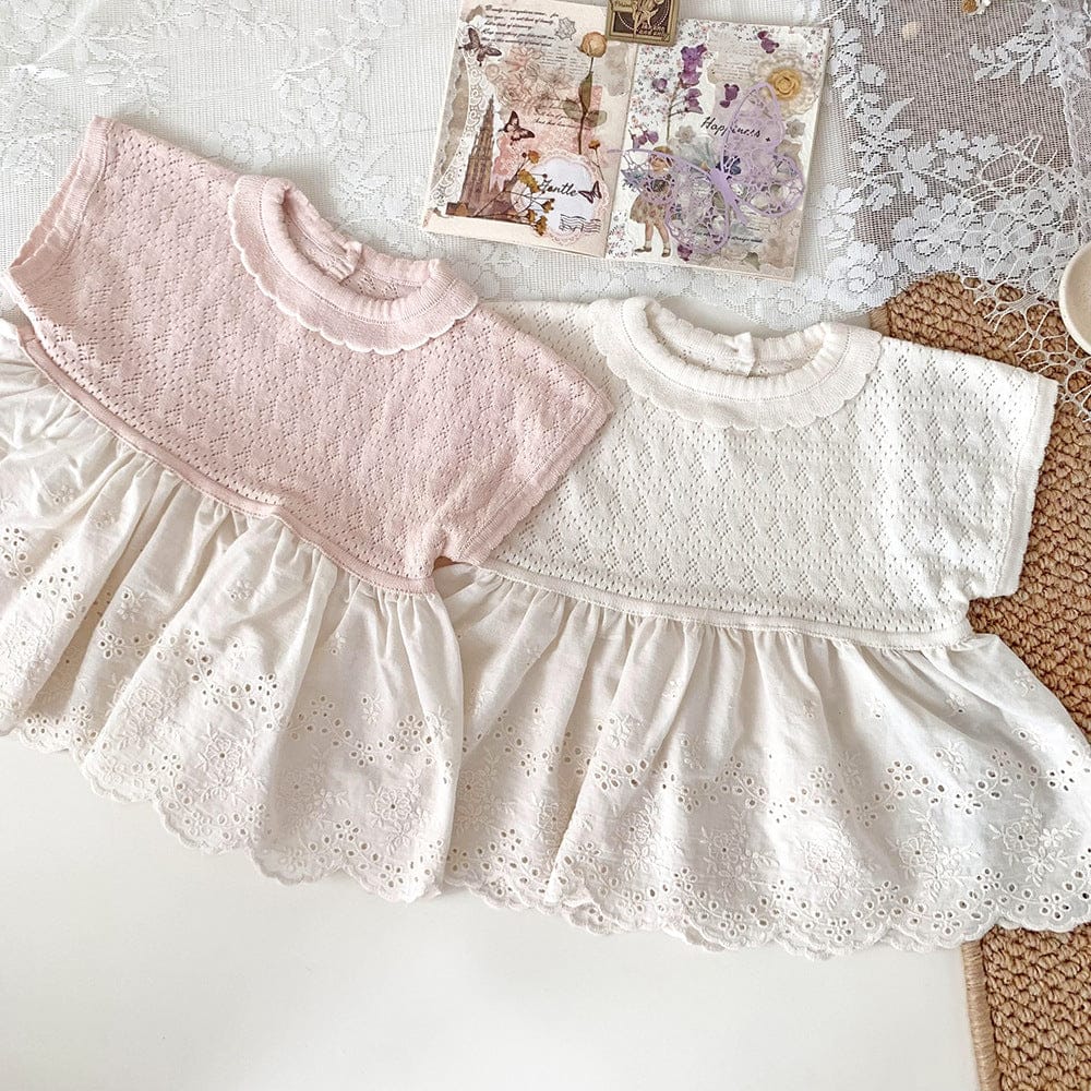 半袖シャツ・ブラウス ラッフル襟レース裾ドッキングレースニット半袖トップス【mh0009792】