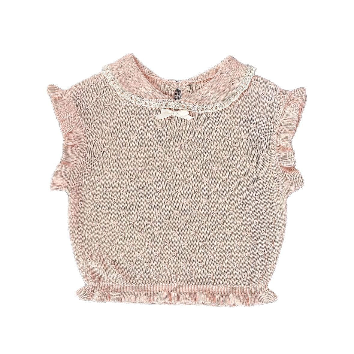 半袖シャツ・ブラウス レースニット襟付きフリルスリーブベストトップス【mh0009794】