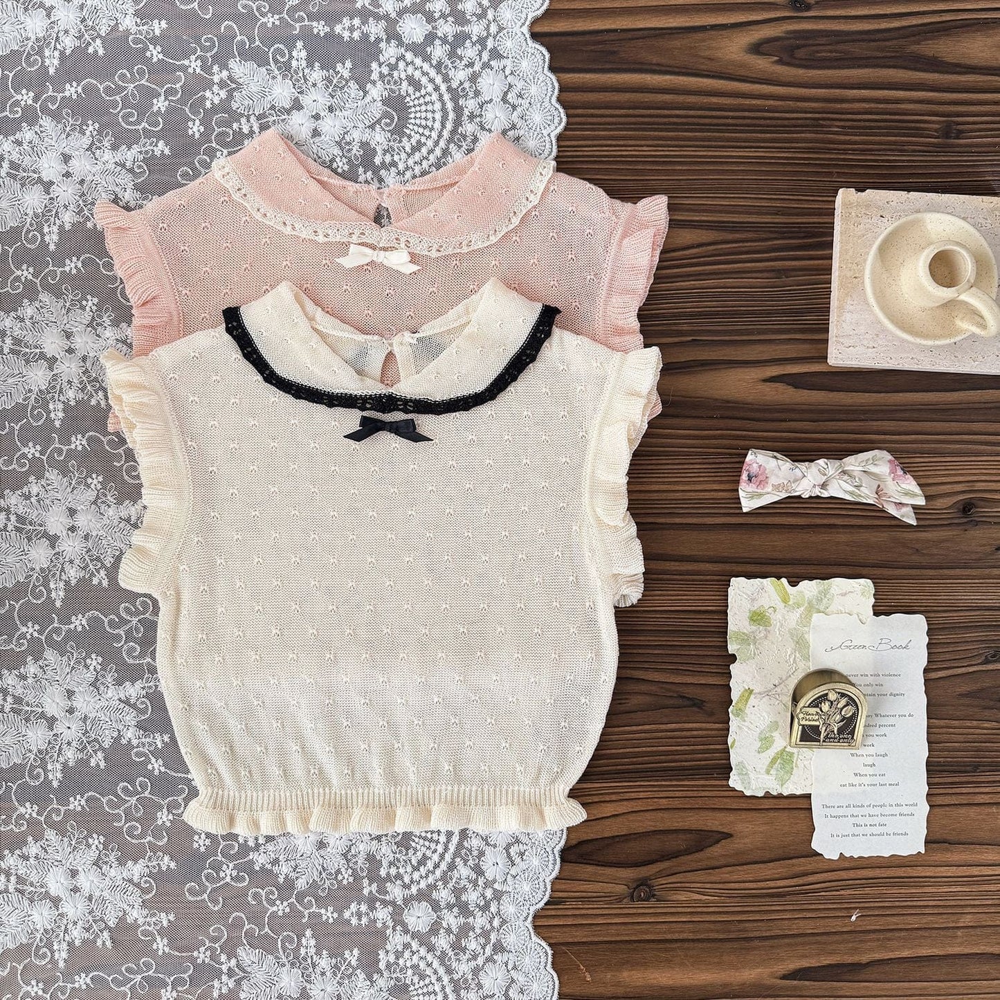 半袖シャツ・ブラウス レースニット襟付きフリルスリーブベストトップス【mh0009794】