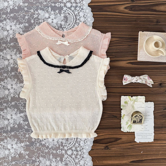 半袖シャツ・ブラウス レースニット襟付きフリルスリーブベストトップス【mh0009794】