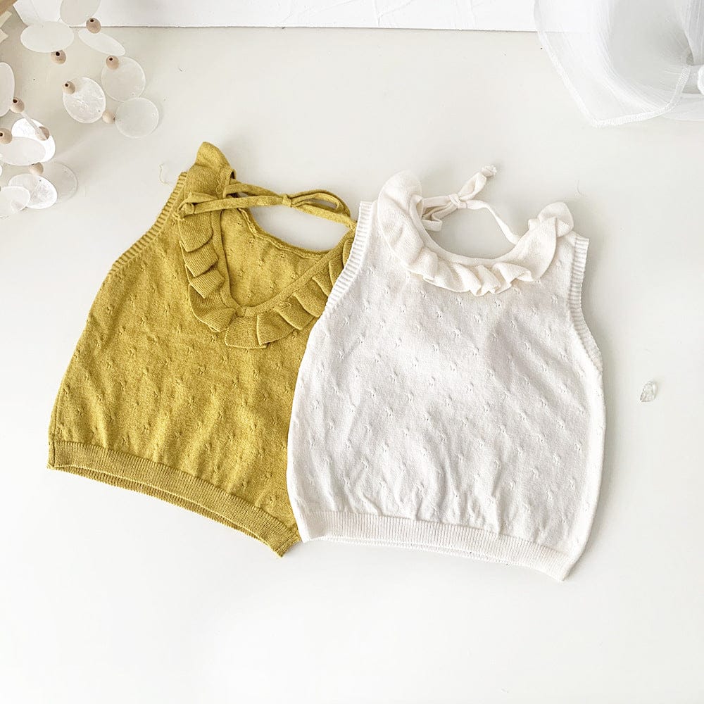 タンクトップ・キャミソール・ノースリーブトップス ラッフルフリル襟バックオープンノースリーブニットトップス【mh0009796】