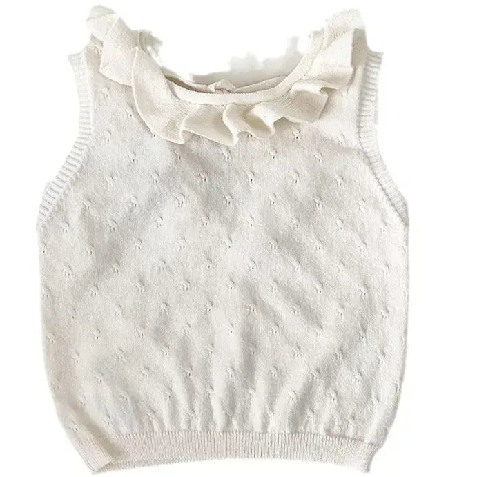 タンクトップ・キャミソール・ノースリーブトップス ラッフルフリル襟バックオープンノースリーブニットトップス【mh0009797】