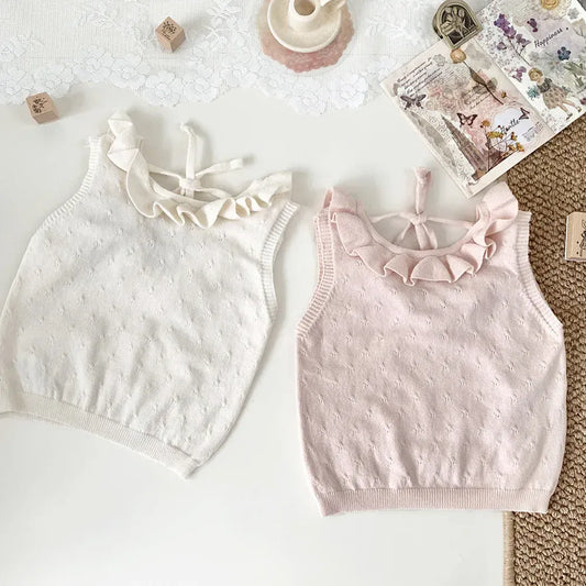 タンクトップ・キャミソール・ノースリーブトップス ラッフルフリル襟バックオープンノースリーブニットトップス【mh0009797】