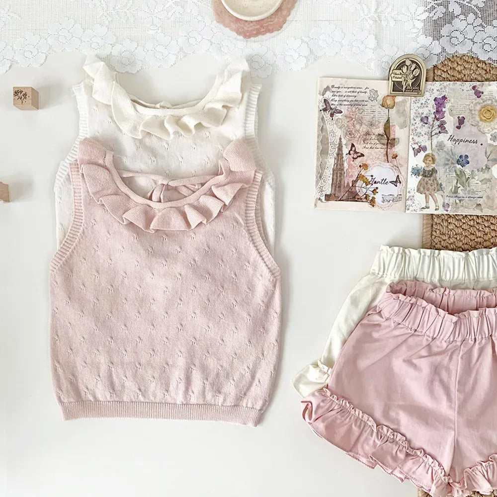 タンクトップ・キャミソール・ノースリーブトップス ラッフルフリル襟バックオープンノースリーブニットトップス【mh0009797】