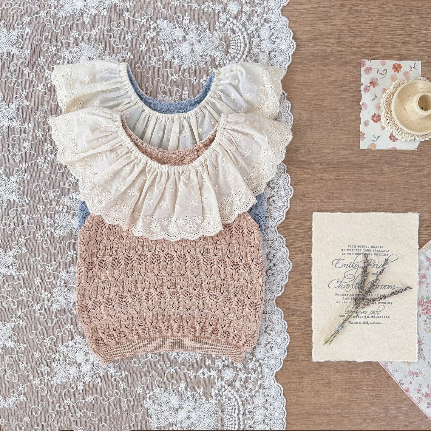 ノースリーブセットアップ ビッグラッフル襟サマーニットノースリーブトップス/ニットショートパンツ【mh0010424】