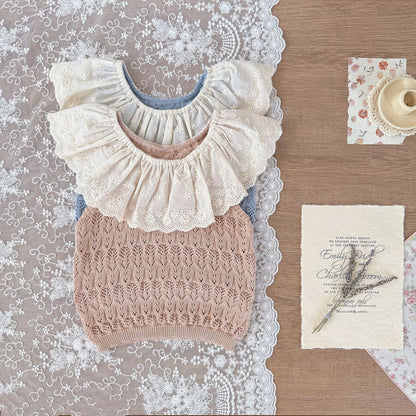 ノースリーブセットアップ ビッグラッフル襟サマーニットノースリーブトップス/ニットショートパンツ【mh0010424】