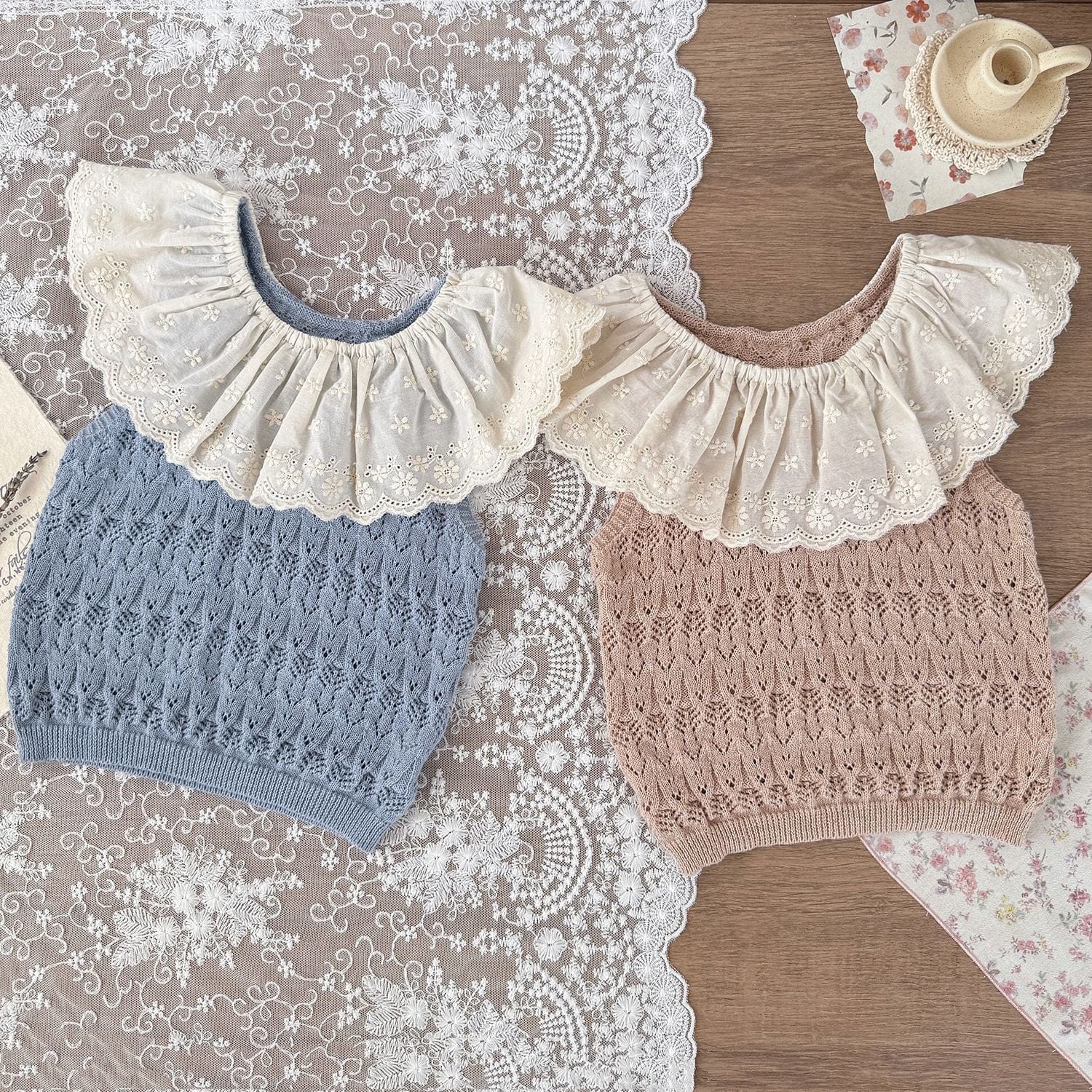 ノースリーブセットアップ ビッグラッフル襟サマーニットノースリーブトップス/ニットショートパンツ【mh0010424】