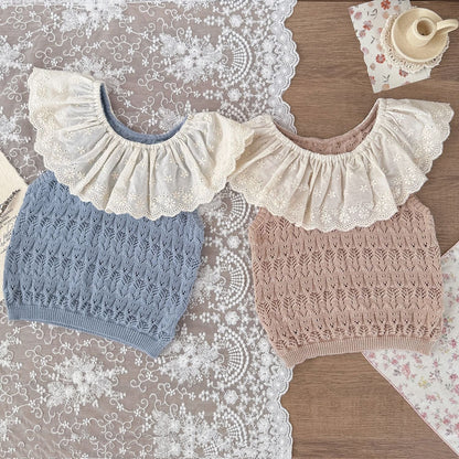 ノースリーブセットアップ ビッグラッフル襟サマーニットノースリーブトップス/ニットショートパンツ【mh0010424】