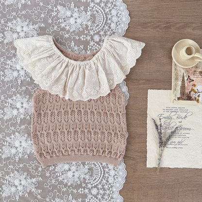 ノースリーブセットアップ ビッグラッフル襟サマーニットノースリーブトップス/ニットショートパンツ【mh0010424】