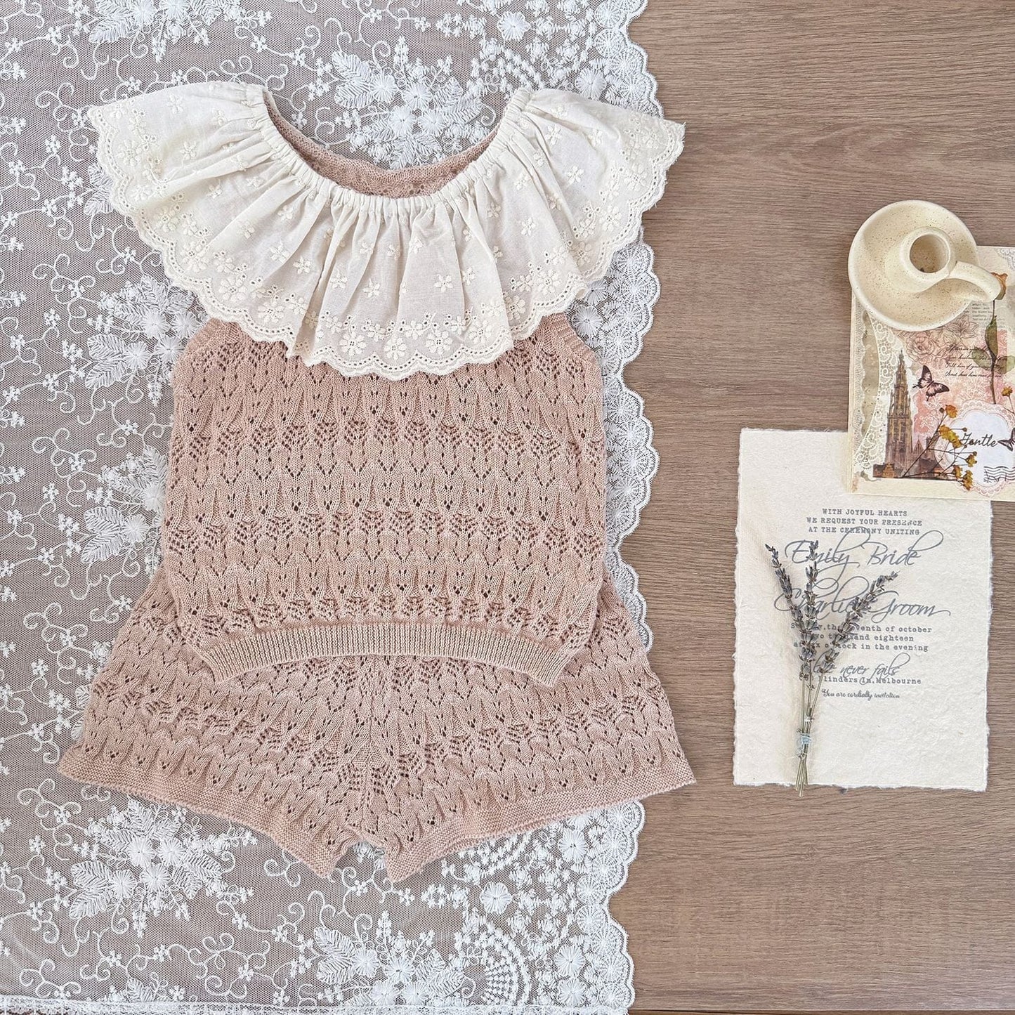 ノースリーブセットアップ ビッグラッフル襟サマーニットノースリーブトップス/ニットショートパンツ【mh0010424】