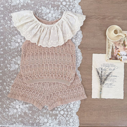 ノースリーブセットアップ ビッグラッフル襟サマーニットノースリーブトップス/ニットショートパンツ【mh0010424】