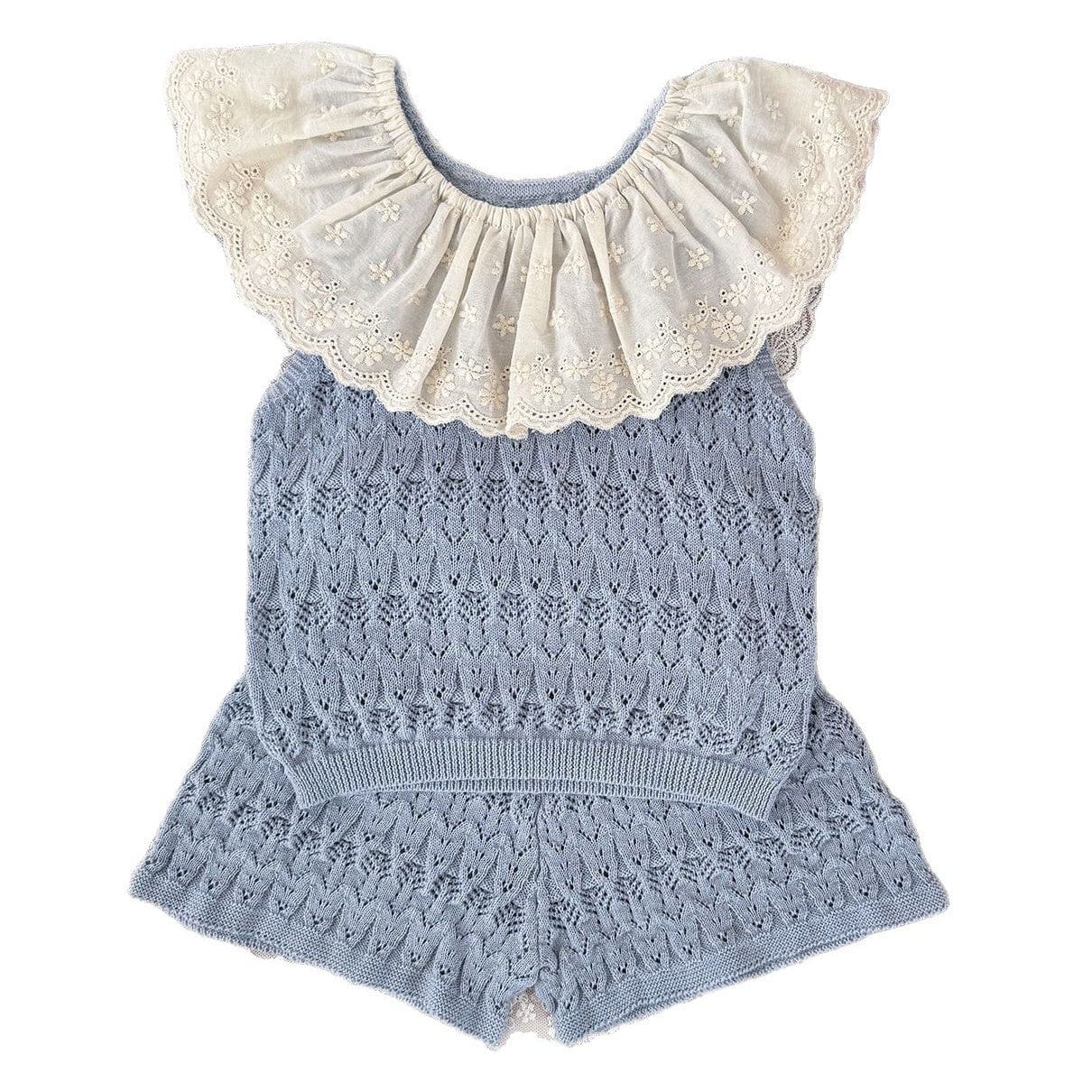 ノースリーブセットアップ ビッグラッフル襟サマーニットノースリーブトップス/ニットショートパンツ【mh0010424】