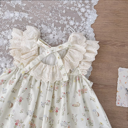 ノースリーブワンピース フラワープリントラッフルレース襟ガーリーワンピース【mh0010426】