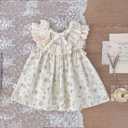 ノースリーブワンピース フラワープリントラッフルレース襟ガーリーワンピース【mh0010426】