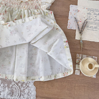 ノースリーブワンピース フラワープリントラッフルレース襟ガーリーワンピース【mh0010426】