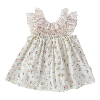 ノースリーブワンピース フラワープリントラッフルレース襟ガーリーワンピース【mh0010426】